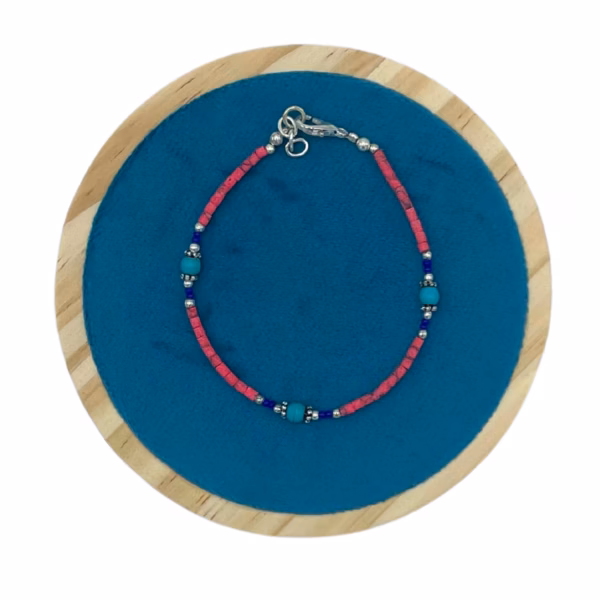 Nepalese Extra Fine Gem Bracelet - Pink Coral & Turquoise Beads - Image 2