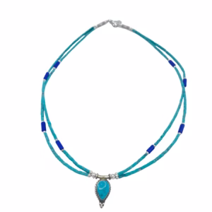 Collier Népalais Extra Fin à Deux Lignes - Pendentif Lapis & Malachite