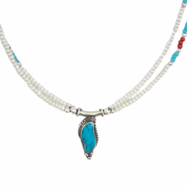 Nepalese Extra Fine Two Line Necklace - Pearl &Amp; Turquoise Pendant