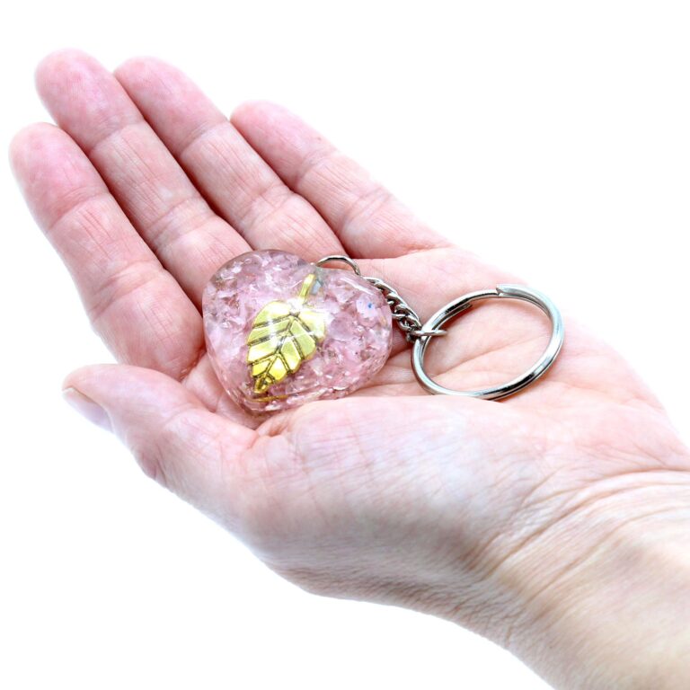 Orgonite-Power-Keyring-Rose-Quartz-Heearts-Golden-Leaf