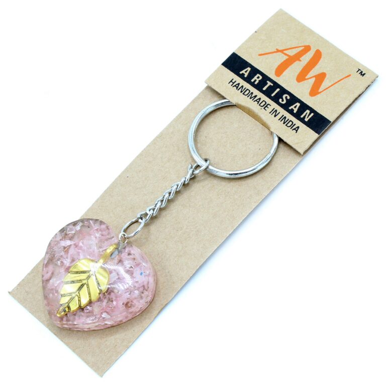 Orgonite-Power-Keyring-Rose-Quartz-Heearts-Golden-Leaf