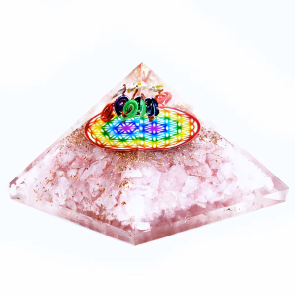 Orgonite Pyramid -  Rose Quartz Rainbow Flower Of Life - 70 Mm