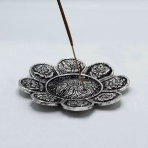 Røgelsesholder Tibetanske Symboler i Poleret Aluminium, 12cm