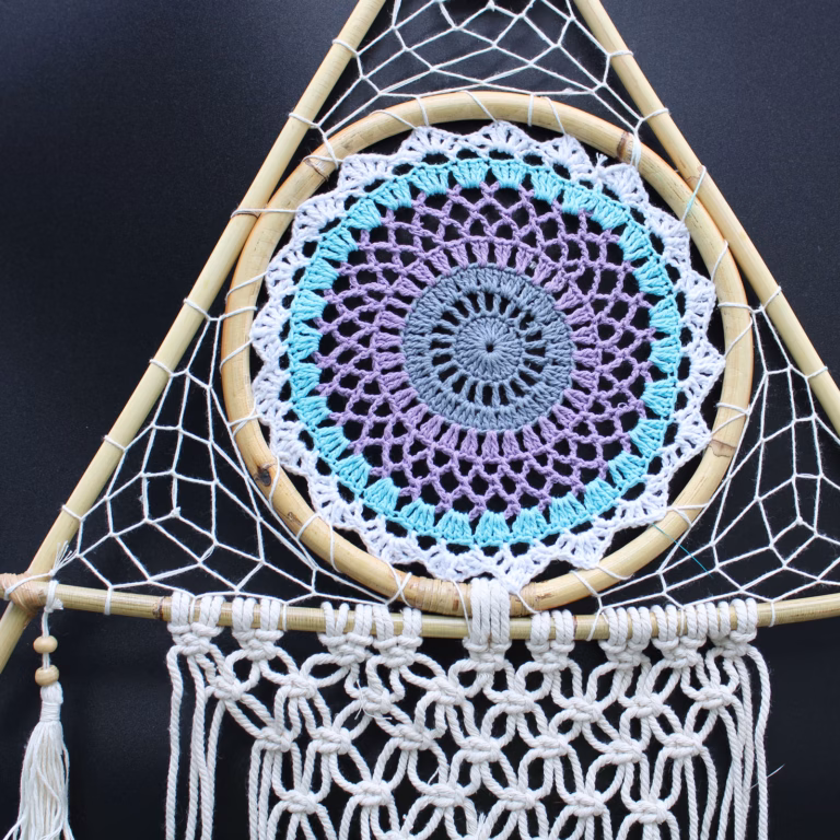 Protection-Dream-Cather-Lrg-Macrame-Pyramid-WhiteTurquoise