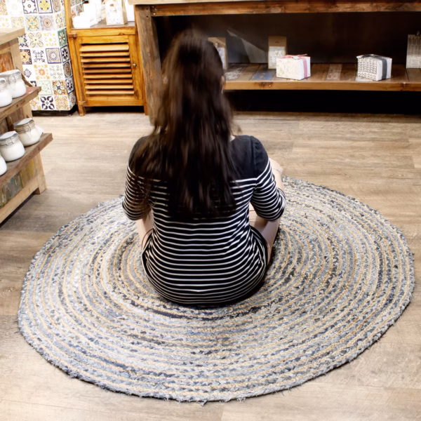 Rund Matta I Jute Och Återvunnet Jeanstyg - 150Cm - Bild 5