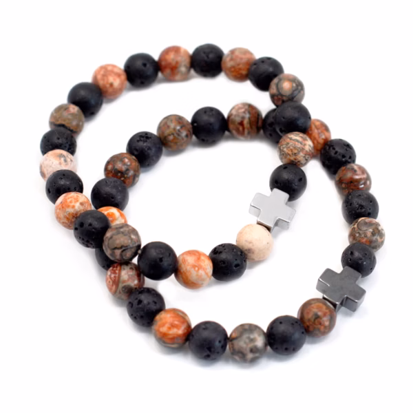 Set Van 2 Edelstenen Vriendschaps Armbanden - Eeuwigheid - Luipaardhuid Jaspis &Amp; Lavasteen - Afbeelding 2