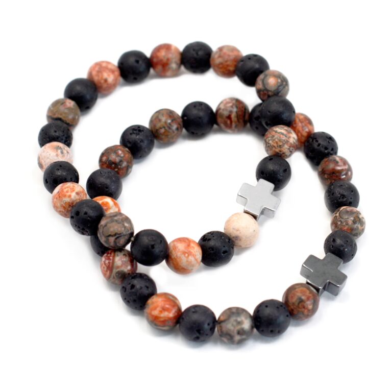 Set-of-2-Gemstones-Friendship-Bracelets-Eternity-Leopard-Skin-Jasper-Lava-Stone
