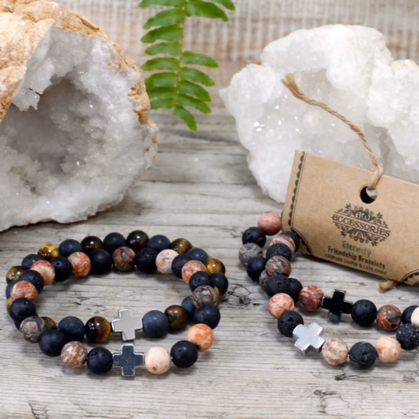 Set Van 2 Edelstenen Vriendschaps Armbanden - Eeuwigheid - Luipaardhuid Jaspis &Amp; Lavasteen - Afbeelding 4