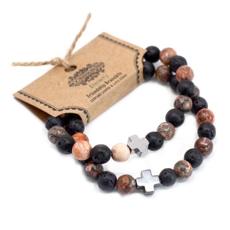 Set-of-2-Gemstones-Friendship-Bracelets-Eternity-Leopard-Skin-Jasper-Lava-Stone