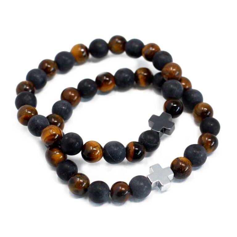 Set-of-2-Gemstones-Friendship-Bracelets-Power-Tiger-Eye-Black-Stone