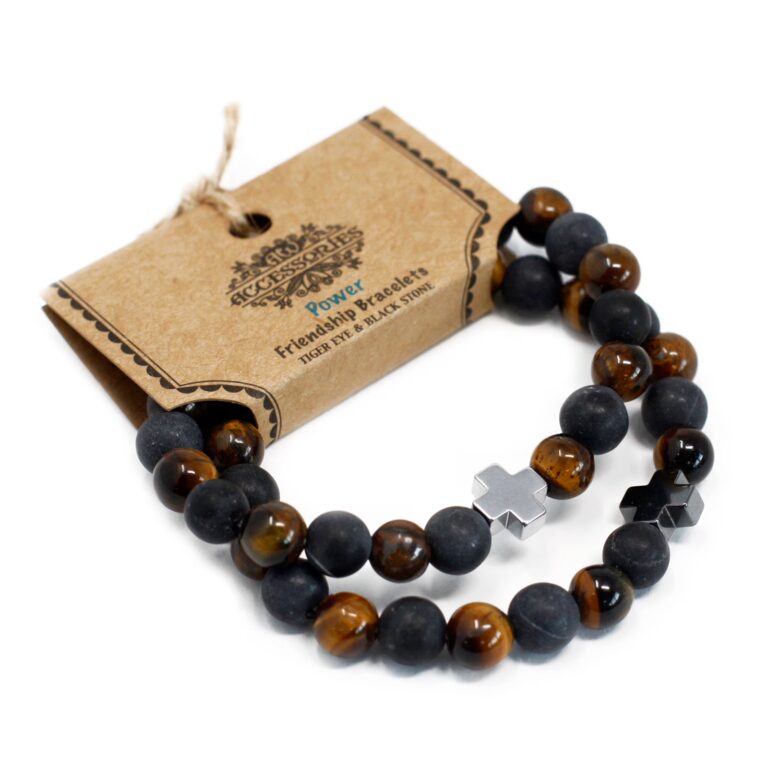 Set-of-2-Gemstones-Friendship-Bracelets-Power-Tiger-Eye-Black-Stone