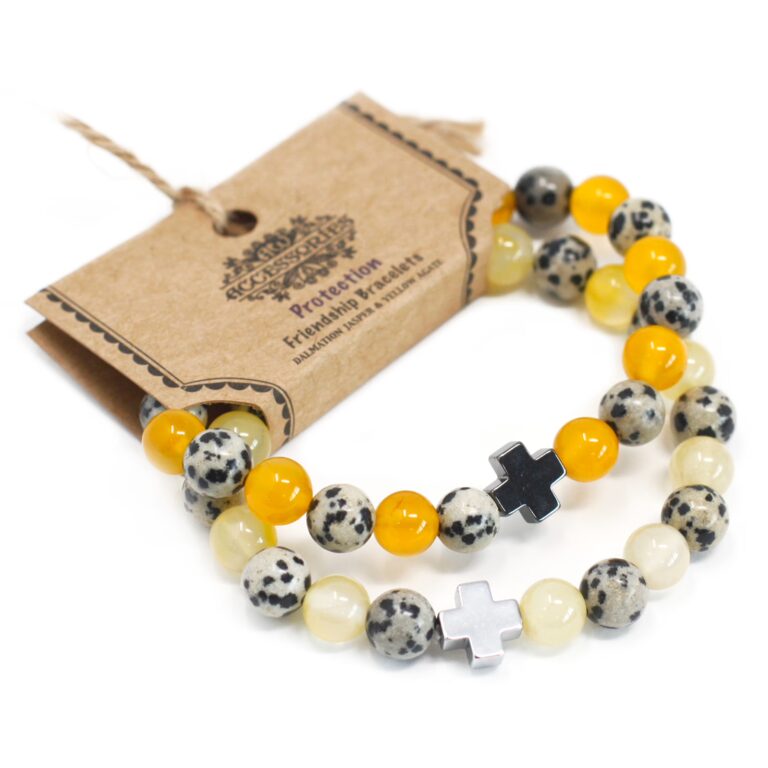 Set-of-2-Gemstones-Friendship-Bracelets-Protection-Dalmation-Jasper-Yellow-Agate