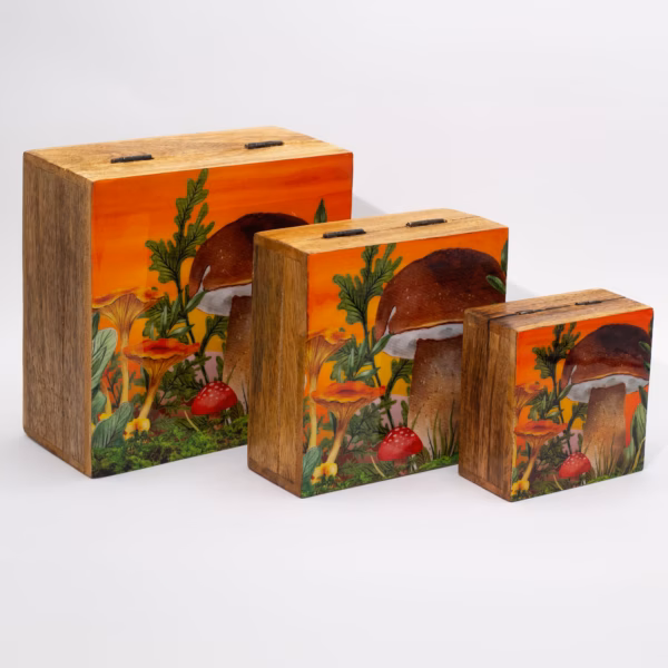 Emaljert Firkantet Eske / Boks 10X10X4,2 Cm - Rødbrun Med Soppdesign Liten - Bilde 2