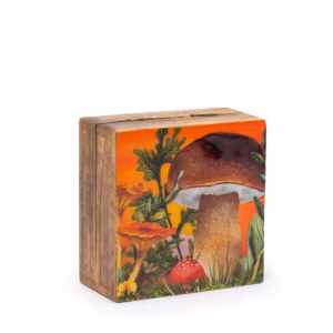 Emaljert Firkantet Eske / Boks 10x10x4,2 cm - Rødbrun med Soppdesign Liten