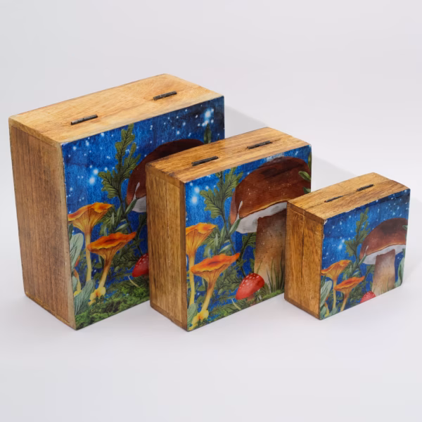 Emaljert Firkantet Eske / Boks 10x10x4,2 cm - Mushroom Design Teal Liten - Bilde 4
