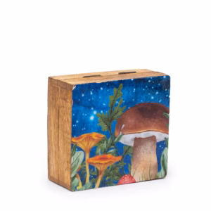 Emaljert Firkantet Eske / Boks 10x10x4,2 cm - Mushroom Design Teal Liten