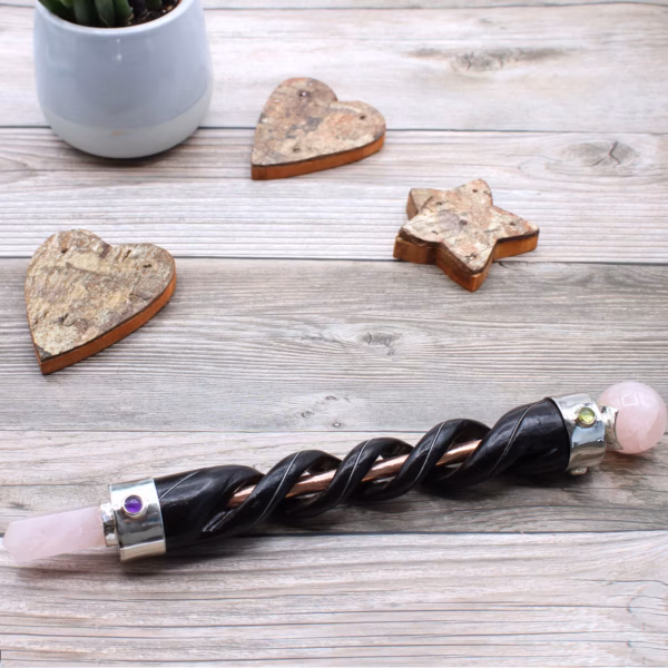 Spiral Carving Healing Wand - Copper Pipe Rose Quartz - Image 3