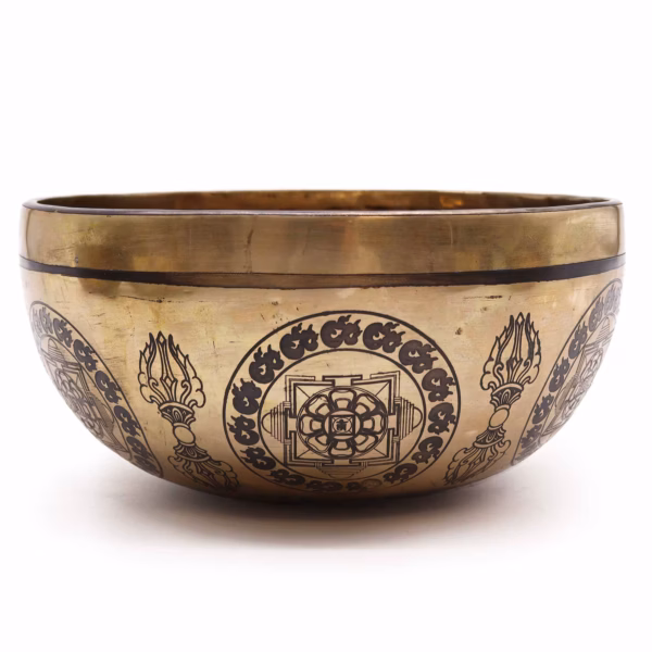 Tibetansk Helbredende Skål med Gravering - 21 cm - 5 Buddhaer - Bilde 3