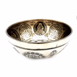 Tibetansk Helbredende Skål med Gravering - 21 cm - 5 Buddhaer