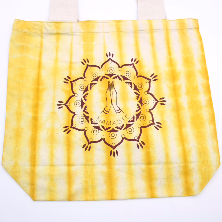 Tye-Dye-Cotton-Bag-6oz-38x42x12cm-Namaste-Hands-Yellow-Natural-Handle