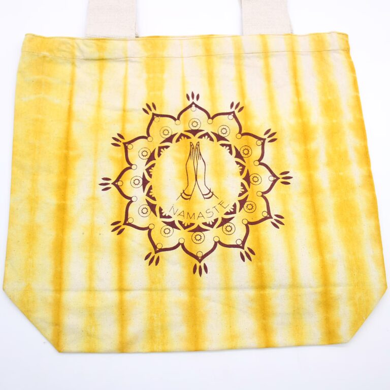 Tye-Dye-Cotton-Bag-6oz-38x42x12cm-Namaste-Hands-Yellow-Natural-Handle