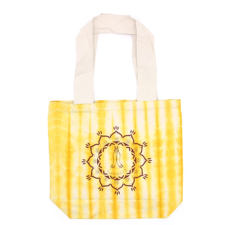 Tye-Dye-Cotton-Bag-6oz-38x42x12cm-Namaste-Hands-Yellow-Natural-Handle