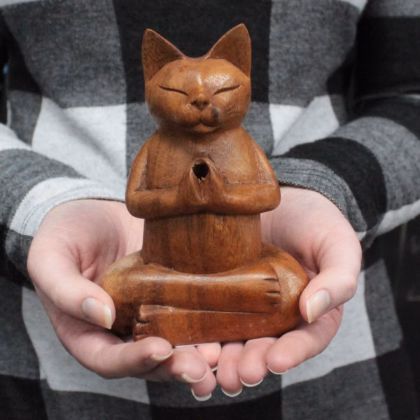 Wooden Carved Incense Burners - Med Yoga Cat - Image 2