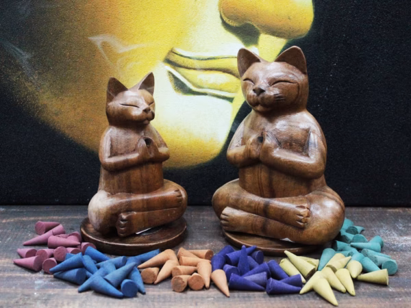 Wooden Carved Incense Burners - Med Yoga Cat - Image 3