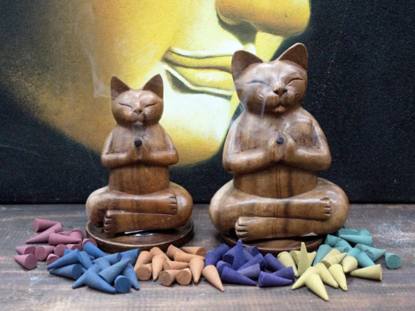 Wooden Carved Incense Burners - Med Yoga Cat - Image 4