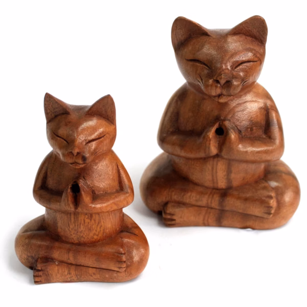 Wooden Carved Incense Burners - Med Yoga Cat - Image 5
