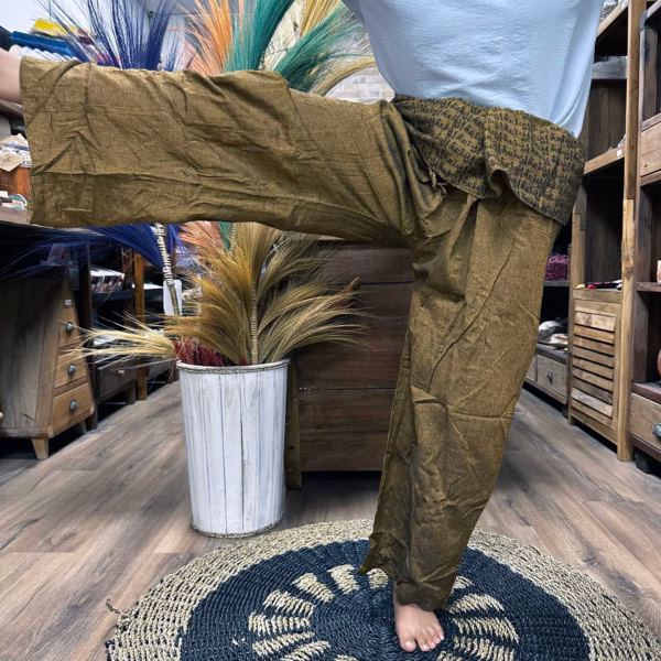 Yoga and Festival Pants - Thai Fisherman Mandala Mantra on Orange - Image 2