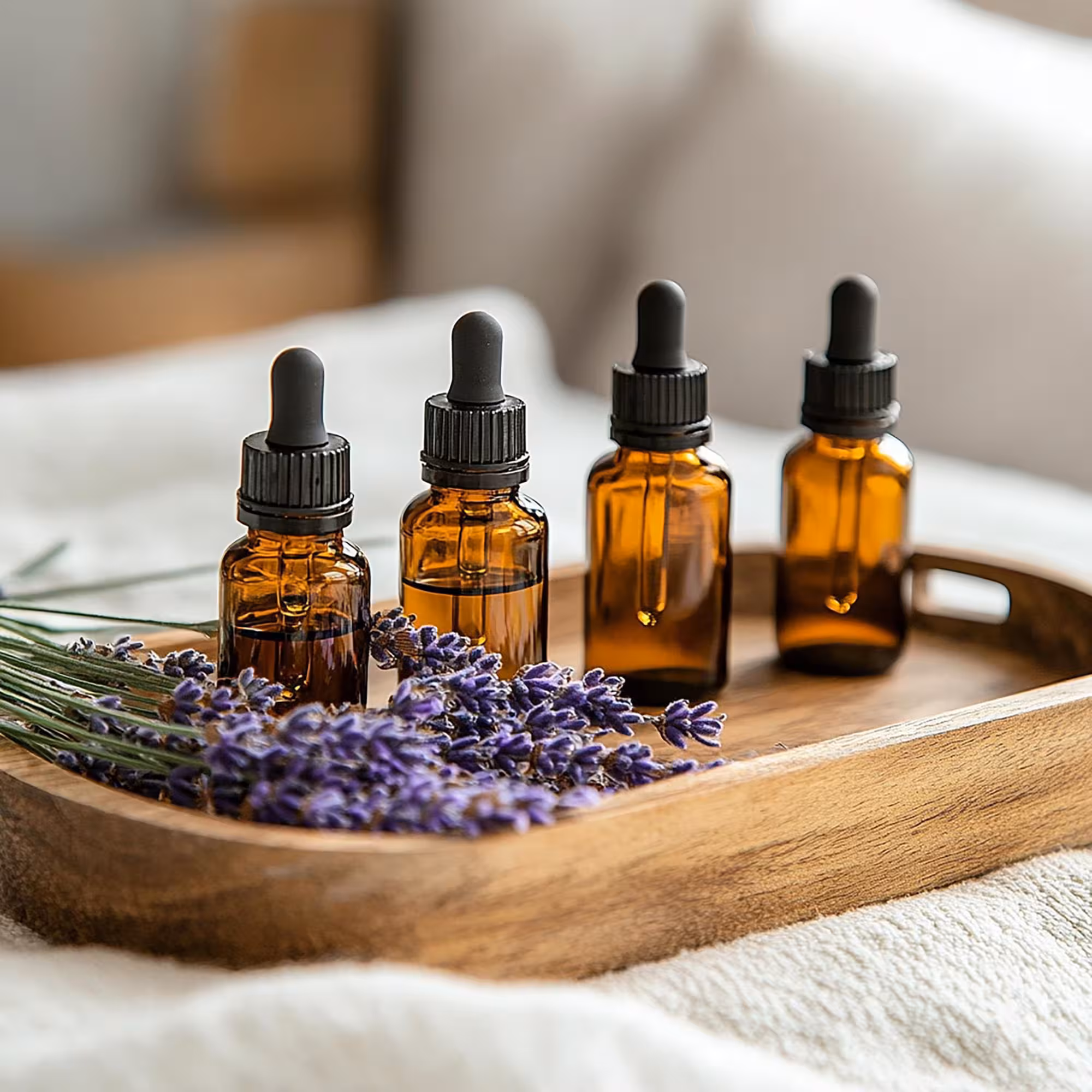 Les bienfaits de l’aromathérapie pour réduire le stress et mieux dormir 2 Bouteilles D'Huile Essentielle Sur Un Plateau En Bois Pour Une Routine De Soirée Apaisante