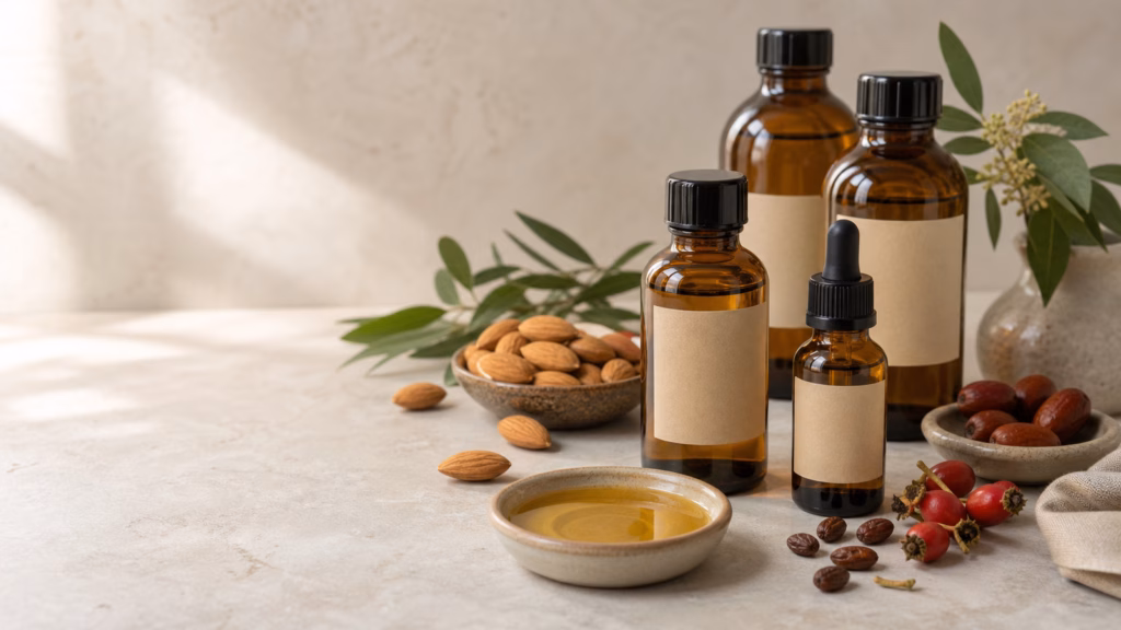 Basisöle Ratgeber: Trägeröle für ätherische Öle, Massage und Hautpflege wählen 34 Base Oils And Carrier Oil Bottles Arranged With Botanical Ingredients