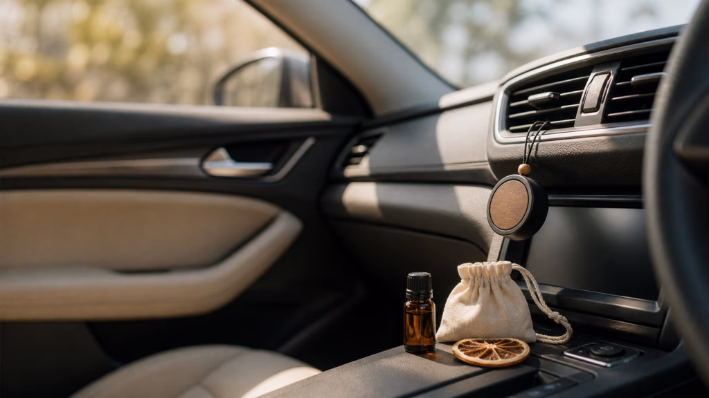 Car Diffusers Guide: How to Choose Safe, Subtle Fragrance for Your Car 7 Car Diffuser And Small Fragrance Bottle Styled Inside A Parked Car