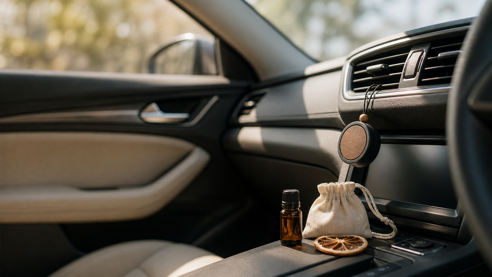 Car Diffusers Guide: How to Choose Safe, Subtle Fragrance for Your Car 1 Car Diffuser And Small Fragrance Bottle Styled Inside A Parked Car