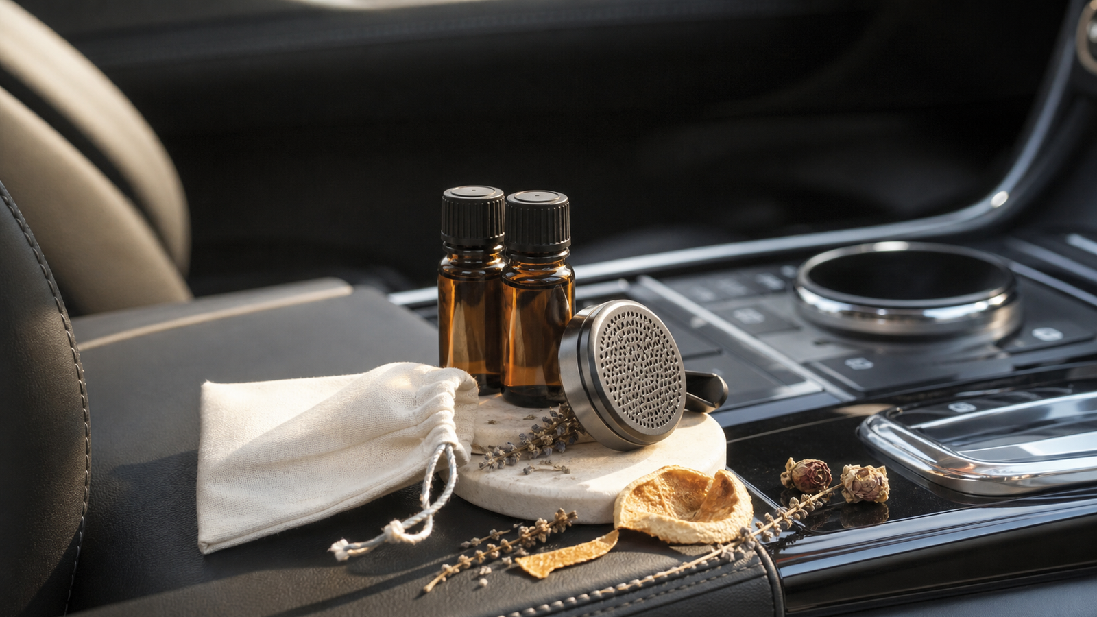 Car Diffusers Guide: How to Choose Safe, Subtle Fragrance for Your Car 4 Small Amber Fragrance Bottles And Car Diffuser Accessory On A Parked Car Console