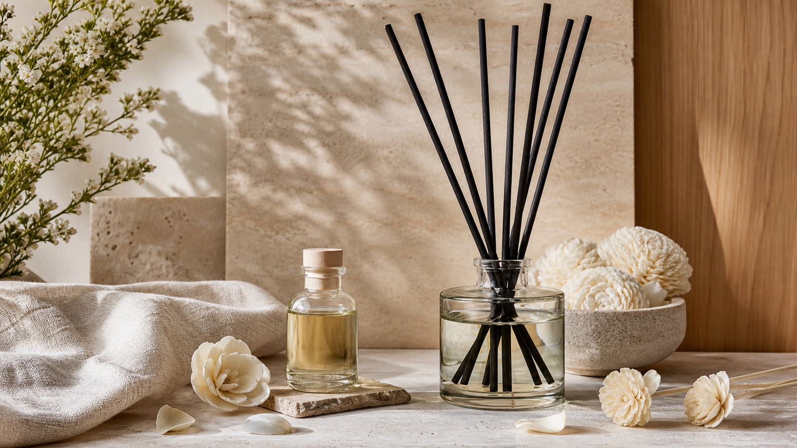 Duftflasker og tilbehør: Opbevaring, blanding og praktiske rumduftredskaber 7 Reed Diffuser Sticks Og Naturlige Diffuser Blomster Til Dufttilbehør Til Hjemmet