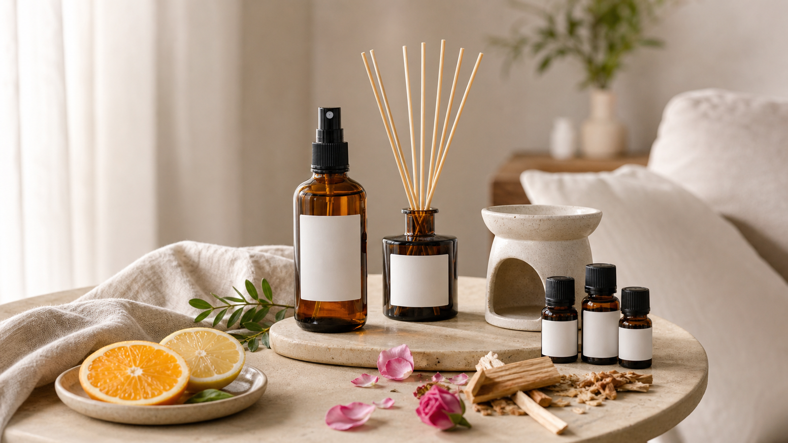 Home Scents Guide: How to Choose Room Sprays, Diffusers, Oils and Everyday Fragrance 1 Room Spray Reed Diffuser And Home Fragrance Products Styled On A Living Room Table