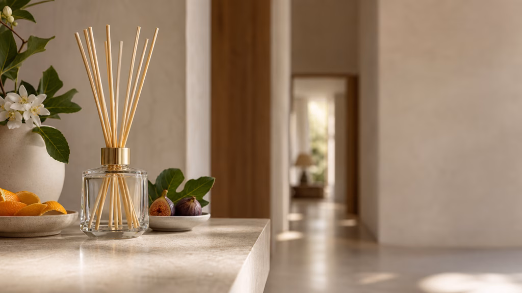 Reed Diffusers Guide: How They Work, Where to Place Them and How to Choose a Scent 46 Wide Reed Diffuser Arrangement On A Stone Console For Home Fragrance