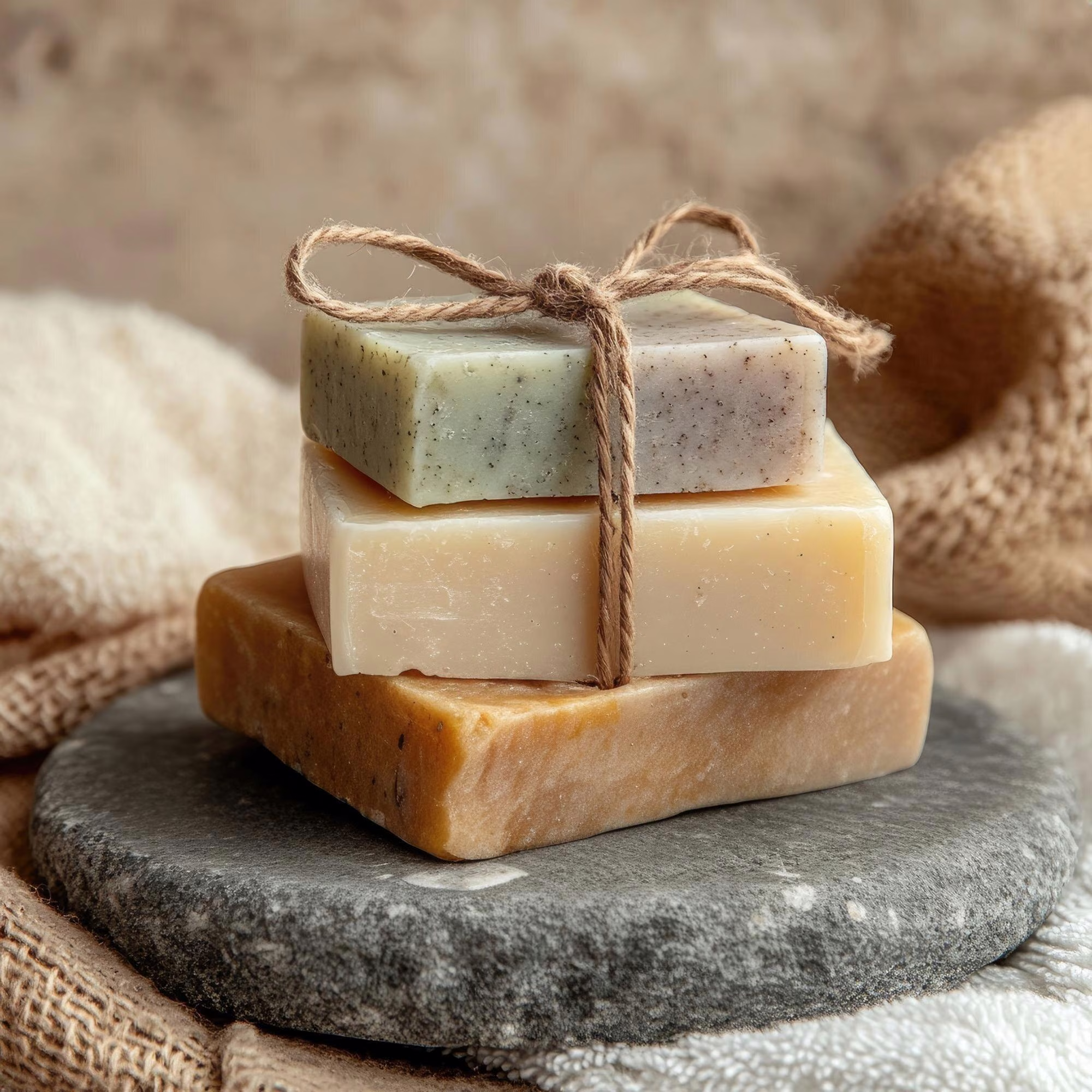 Handmade Soap Guide: Natural Ingredients, Skin Types and How to Choose 2 Stacked Handmade Soaps In Natural Colours And Textures On A Stone Slab
