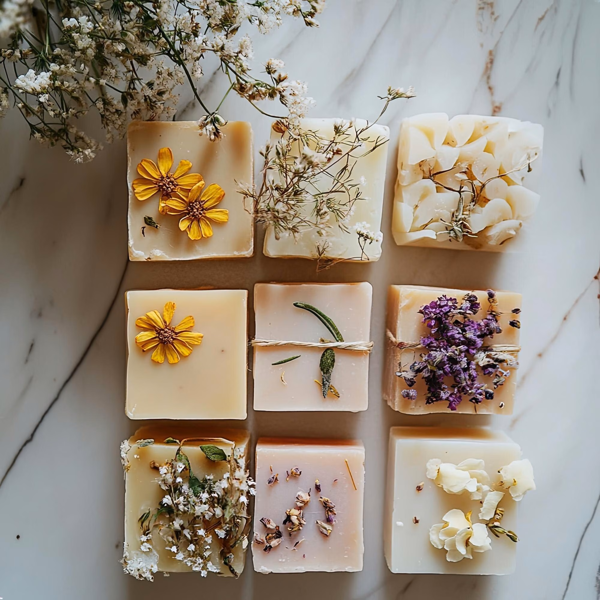 Handmade Soap Guide: Natural Ingredients, Skin Types and How to Choose 1 Handmade Soap Bars With Dried Flowers And Herbs Arranged On A Marble Counter