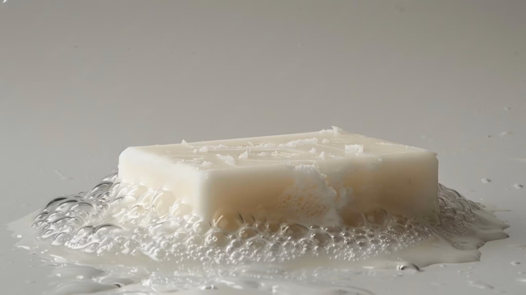 Hvorfor smelter naturlig sæbe hurtigt? Sådan passer du på den 1 Natural Handmade Soap Bar On A Draining Dish With Water Drops