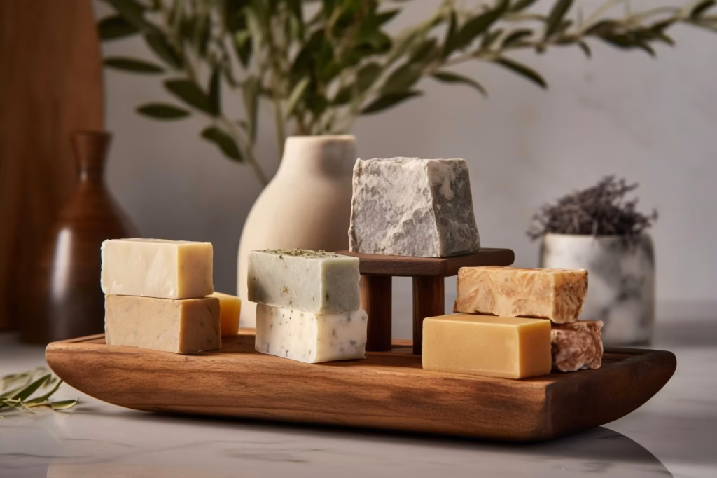Olive Oil Soap vs Shea Butter Soap: Which Is Better for Your Skin? 22 Olive Oil Soap Bars Next To Shea Butter Soap Bars On A Wooden Surface