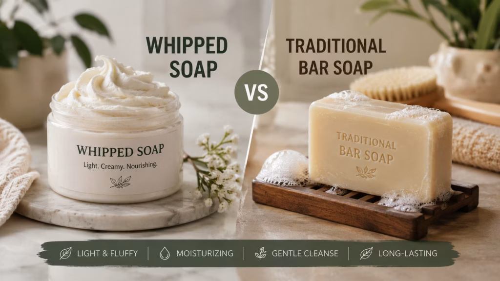 Whipped Soap vs Traditional Bar Soap: Which Format Suits Your Routine? 18 Whipped Soap In A Jar Beside A Traditional Bar Of Handmade Soap
